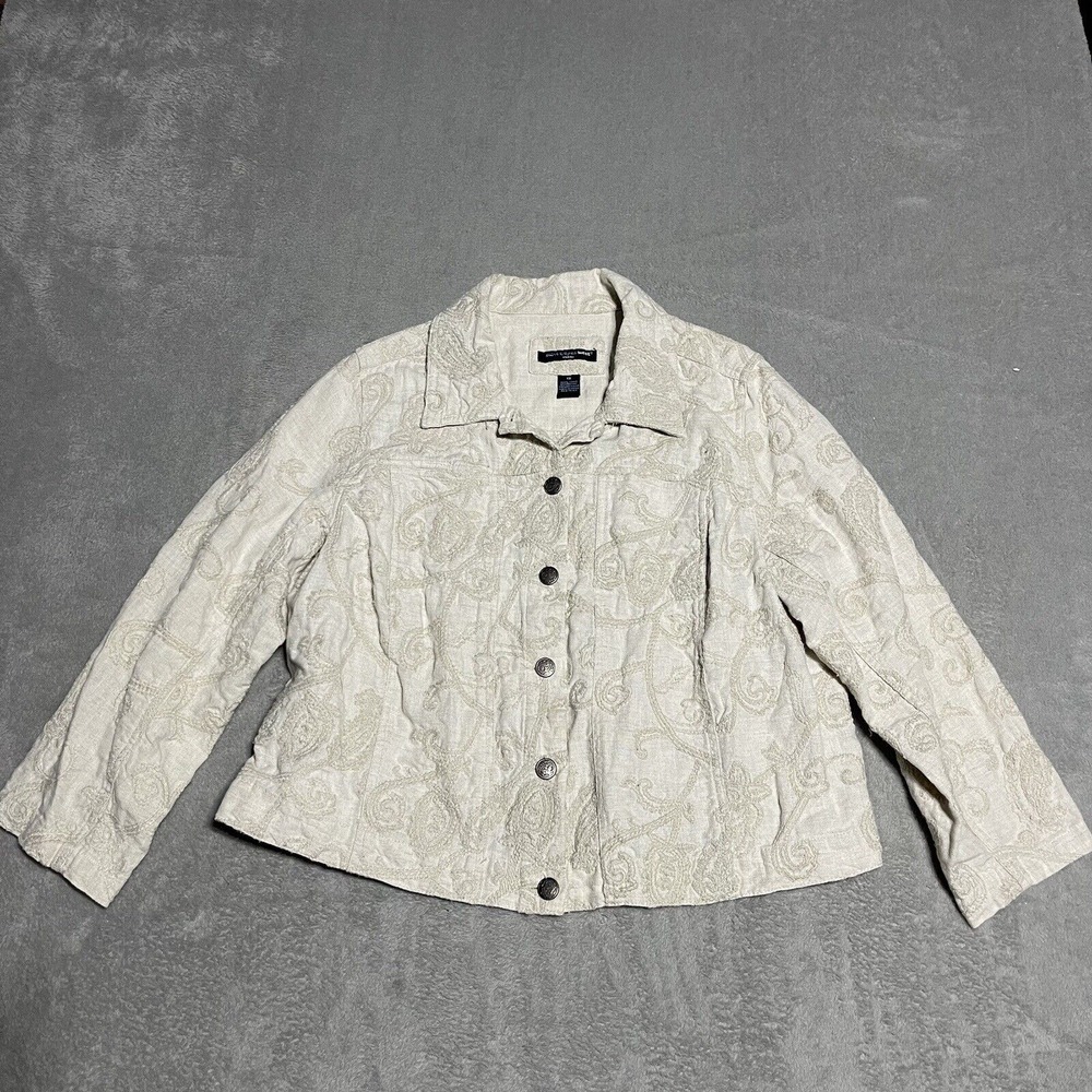 Saint Tropez West Jacket Womens 1X Ivory Paisley‎ Embroidered Linen Button Front